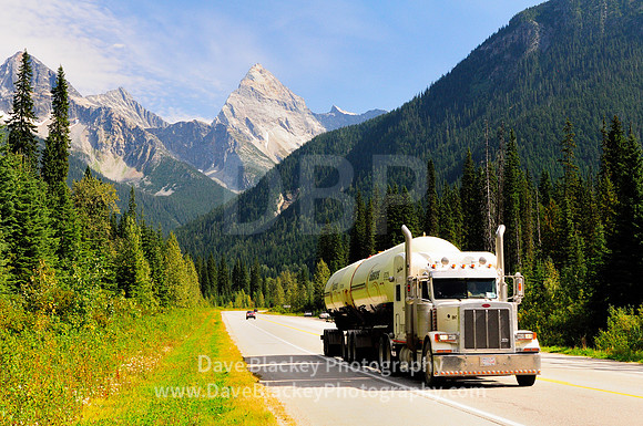Gibsons truck hauls propane along the Trans Canada Highway in Glacier National Park, Interior of British Columbia, Gibsons truck, Glacier National Park, Rogers Pass, Mount Sir Donald