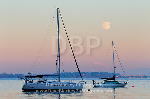 Mill Bay sailboats full moon rise Mt. Baker